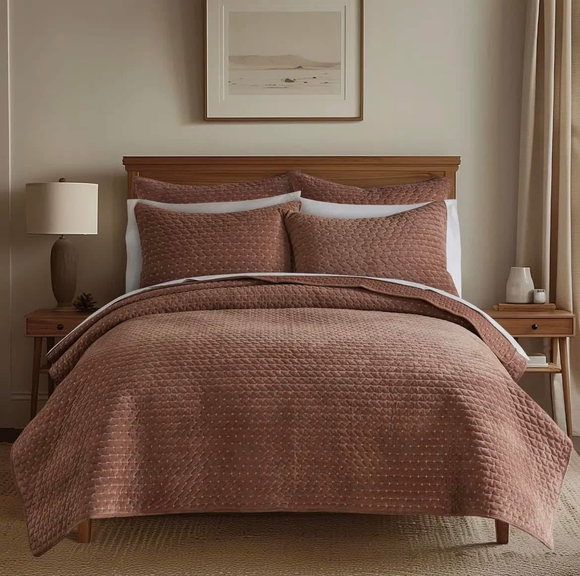 Rust Velvet Stitch Quilt Set - King (Includes Quilt & 2 King Shams)