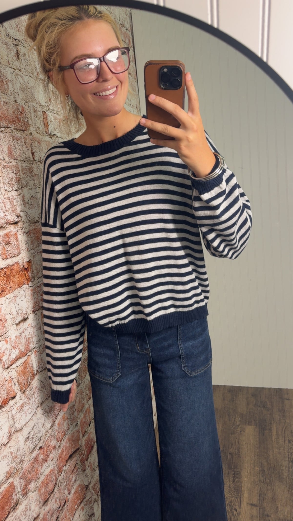 Stripe Relaxed Back Button Detail Knit Sweater