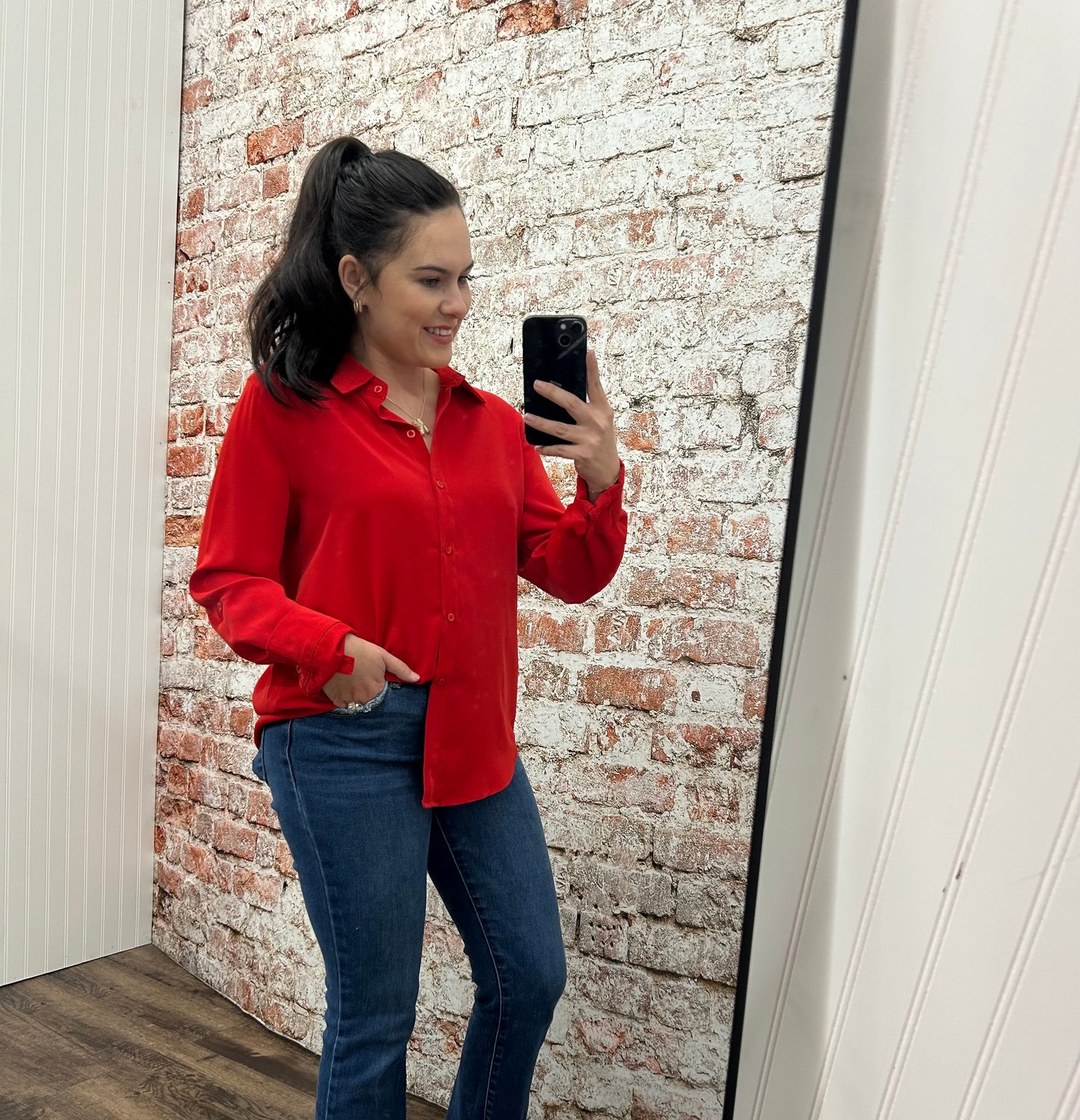 Satin Button Down Blouse - Red