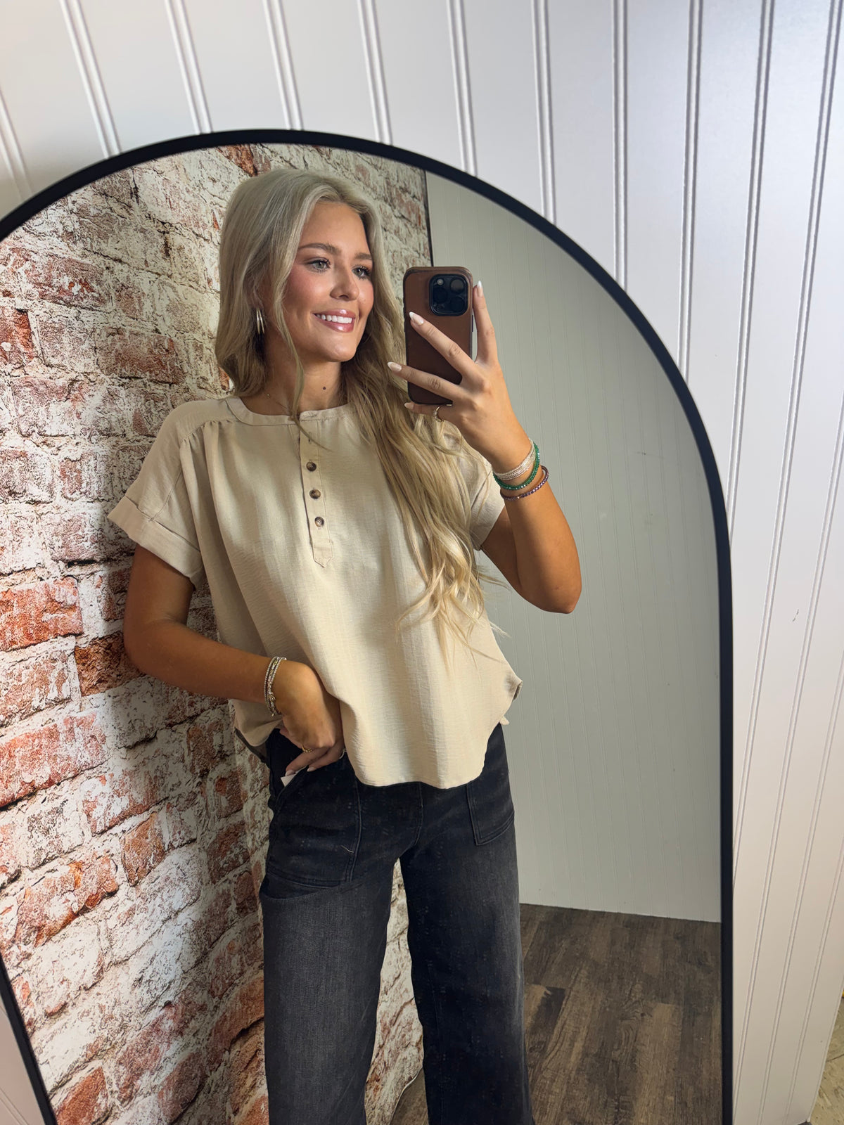 Textured Henley Short Sleeve Top