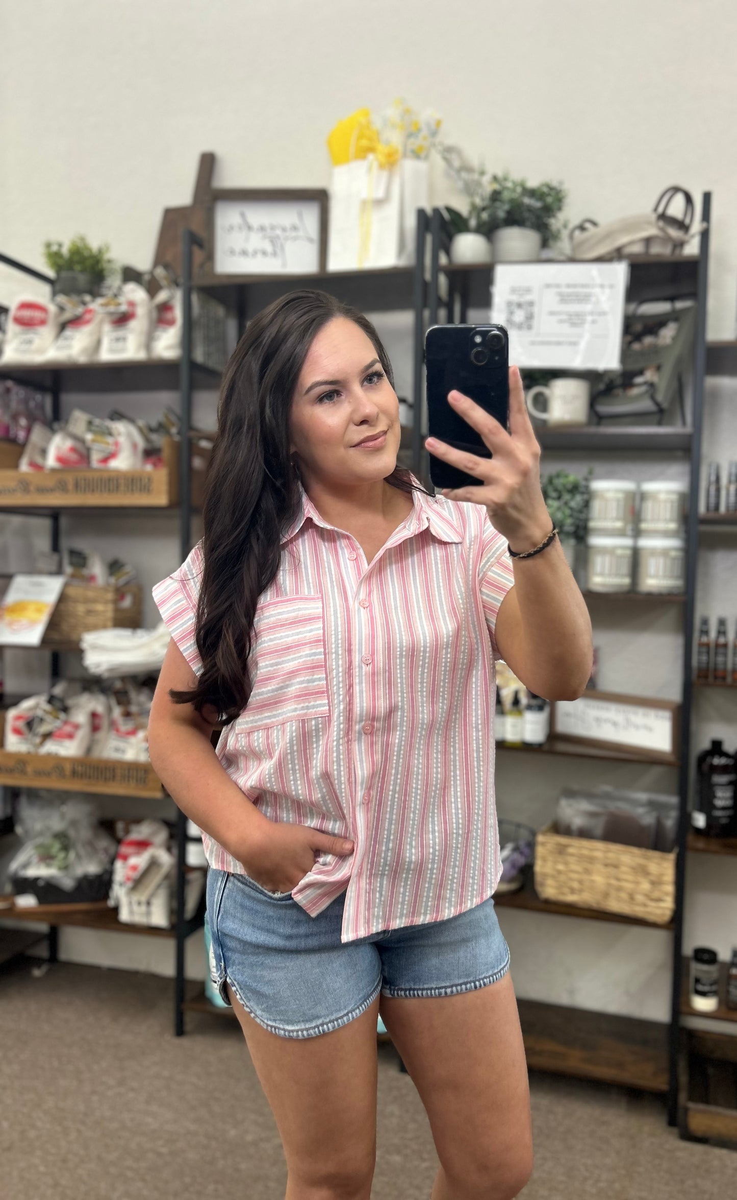 Breezy Striped Cap Sleeve Button Down Blouse