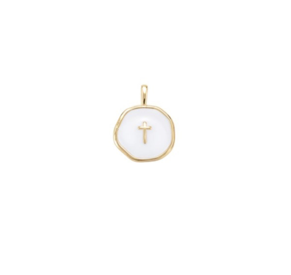 Gold White Round Disc With Gold Cross Charm