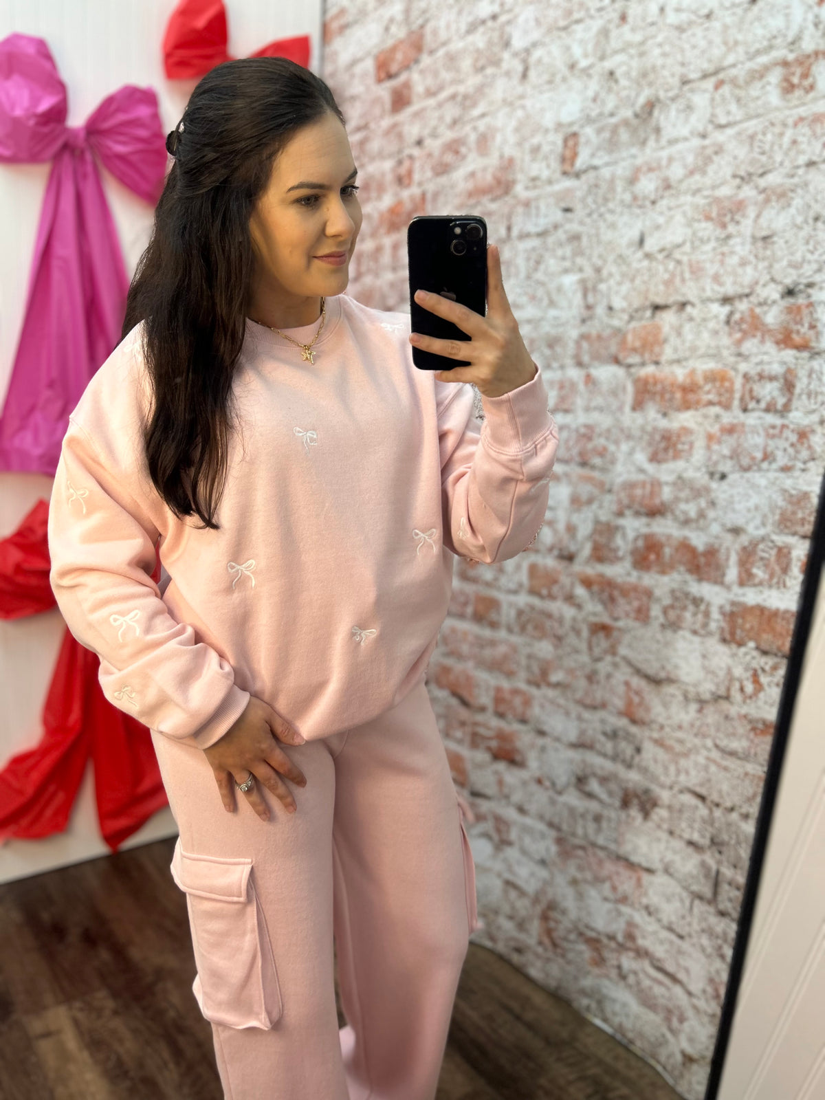 Fleece Crewneck Sweatshirt with Bow Embroidery