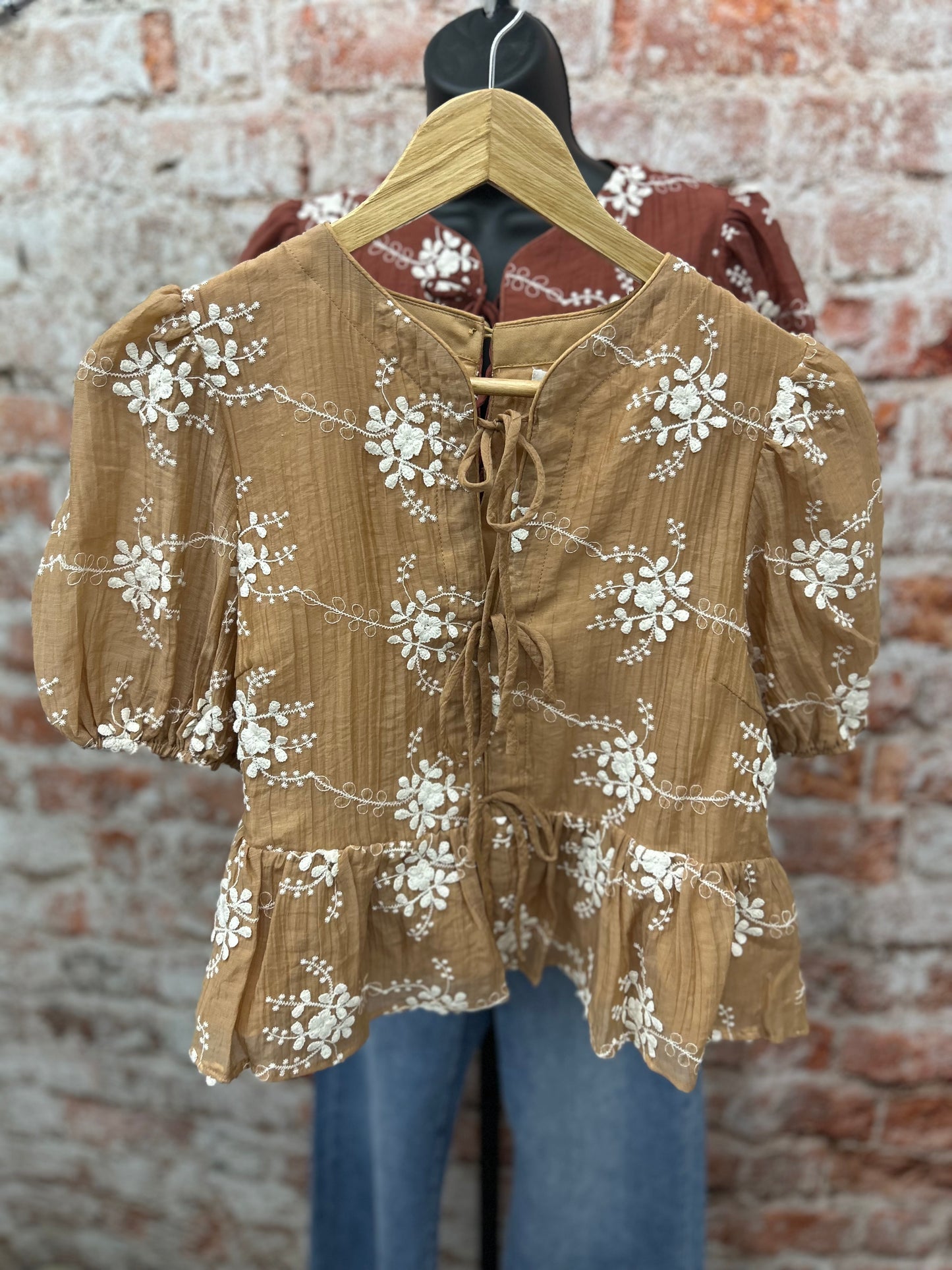 Embroidered Peplum Blouse With Puff Sleeves