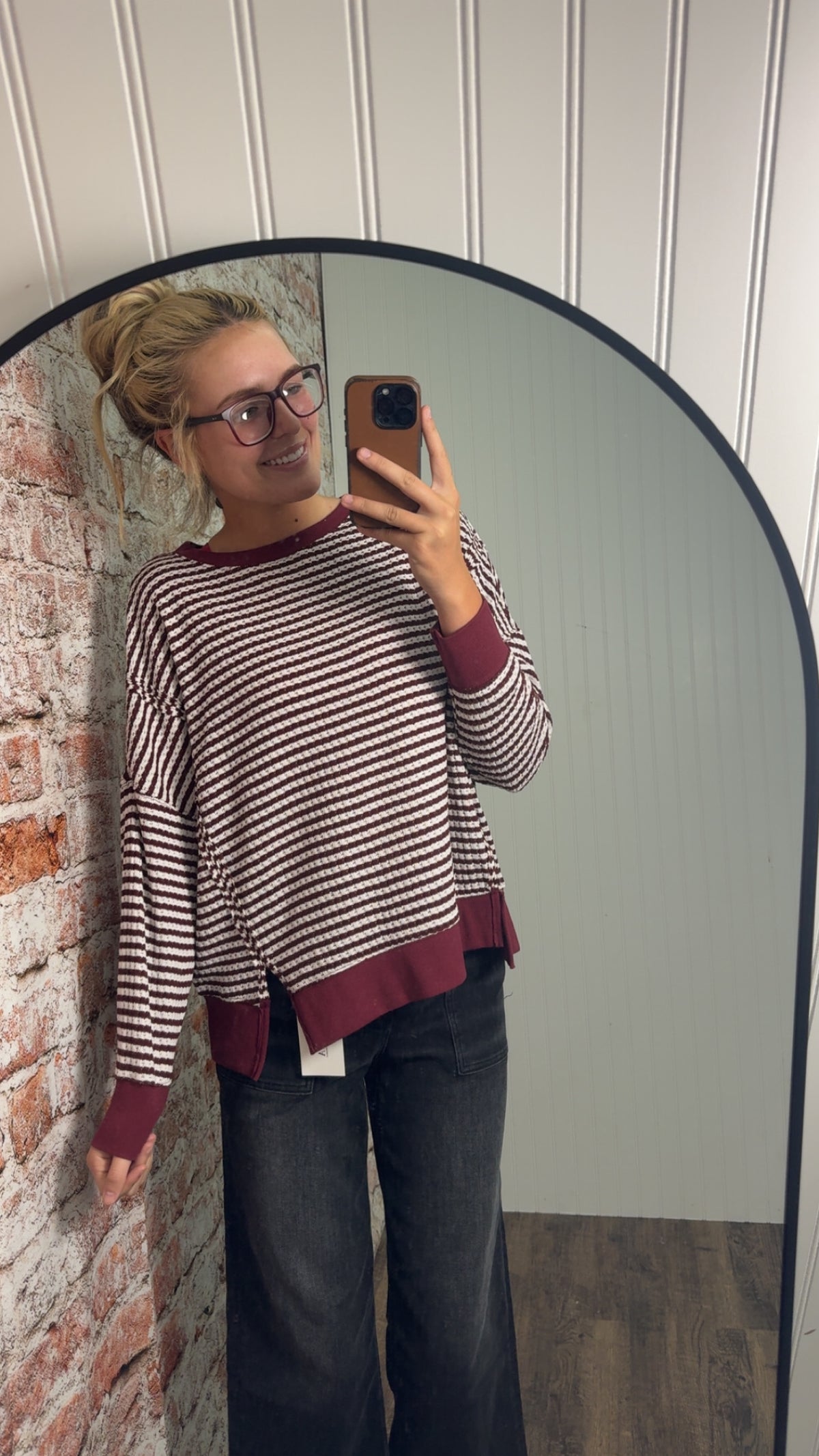 Striped Exposed Seam Split Hem Knit Top