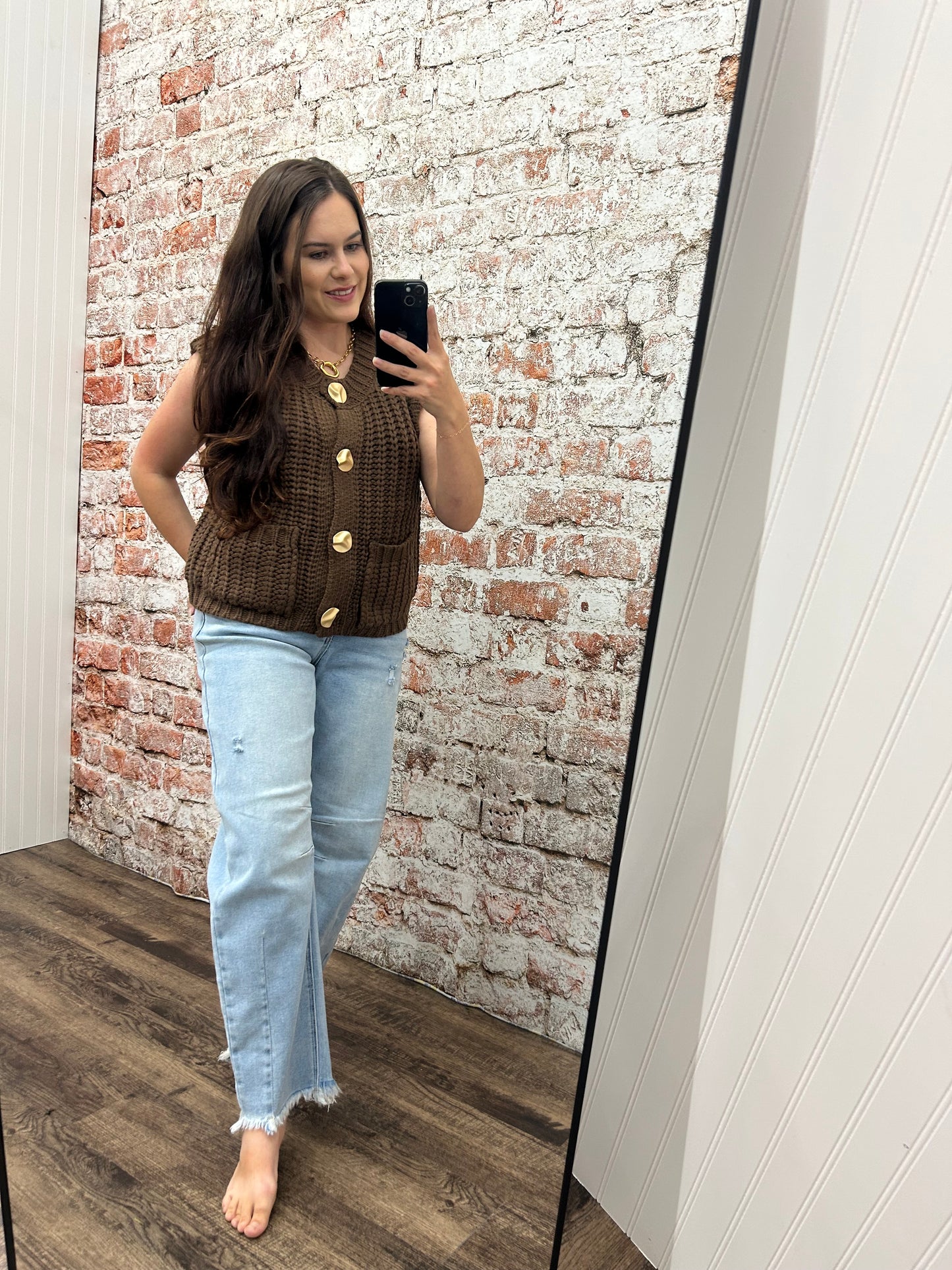 Knit Sweater Vest Gold Button Down Sweater