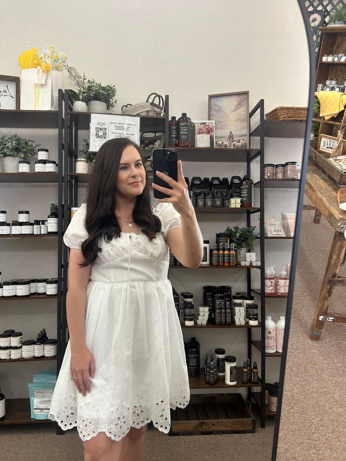 Embroidered Puff Sleeve Scallop Hem Mini Dress