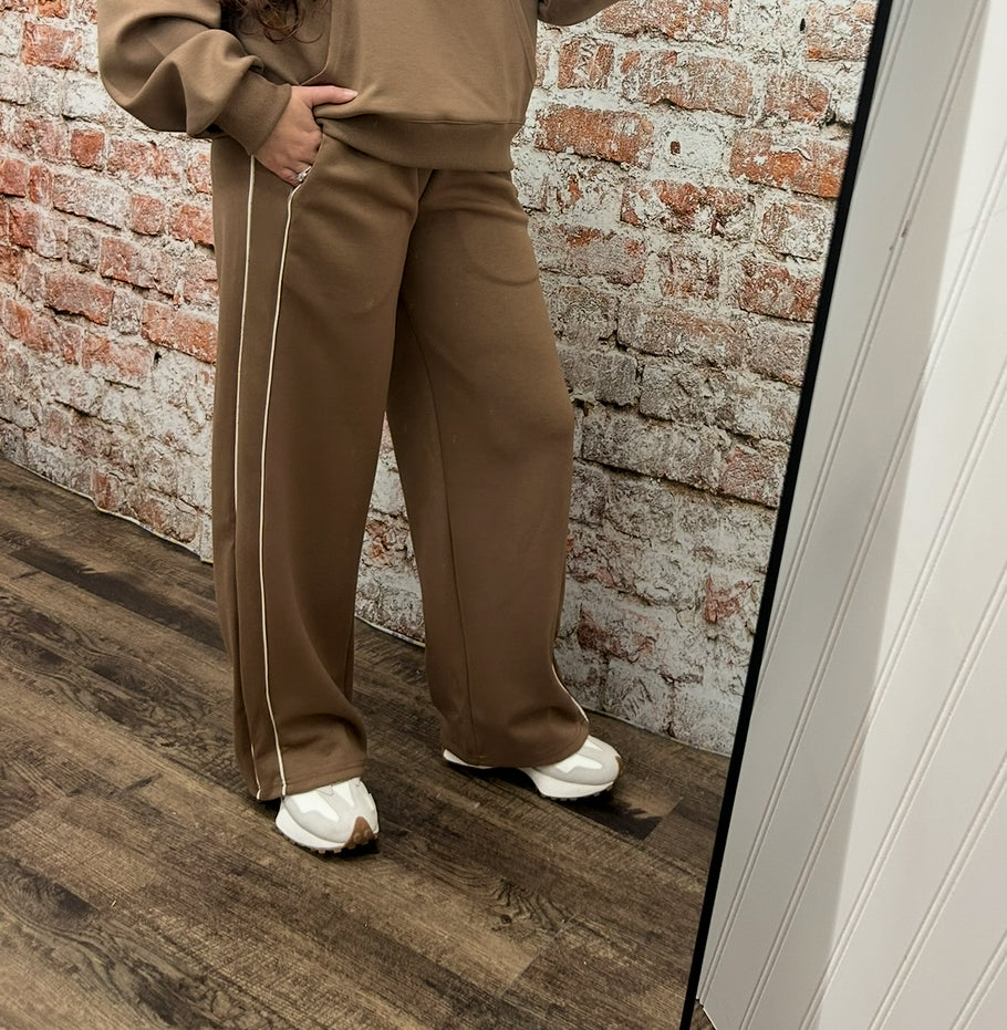 Piping Detail Wide Leg Pants - Mocha