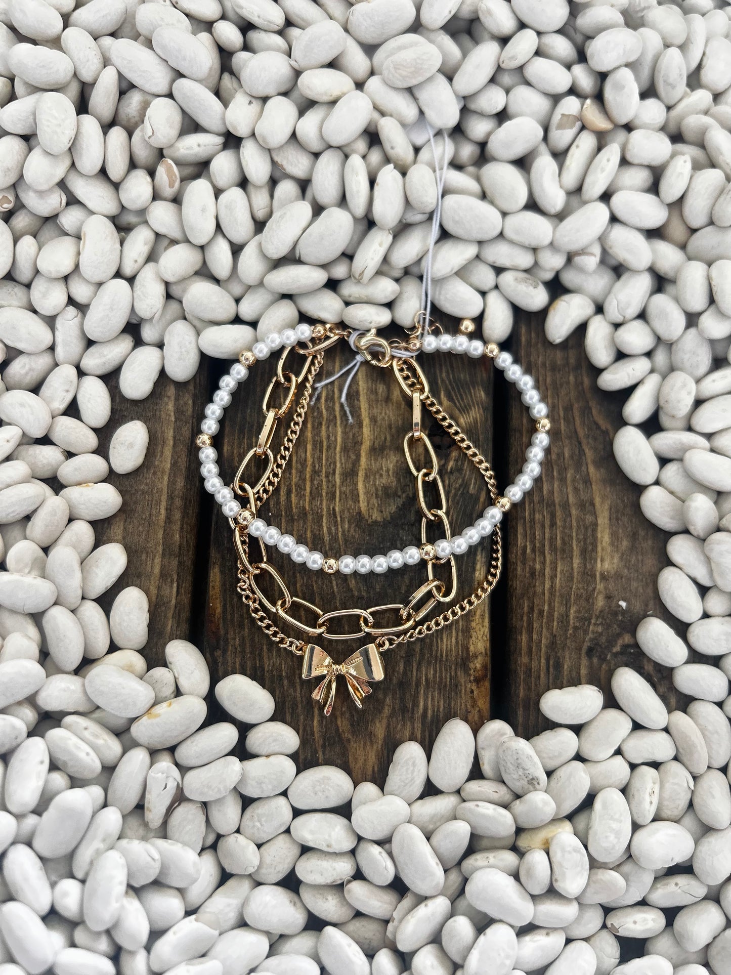 Bow Pearl Link Trio Set Bracelets