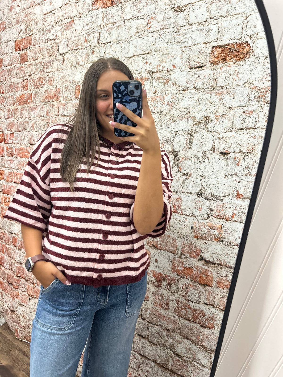 Striped Raw Edge Short Sleeve Cardigan