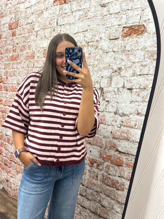 Striped Raw Edge Short Sleeve Cardigan