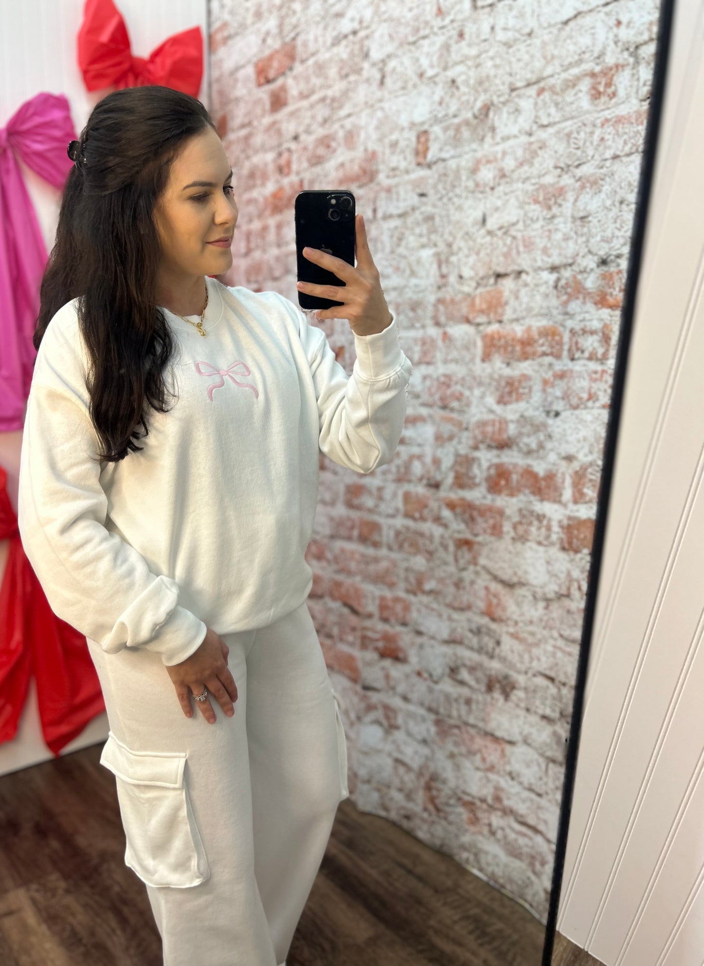 Fleece Crewneck Sweatshirt with Bow Embroidery