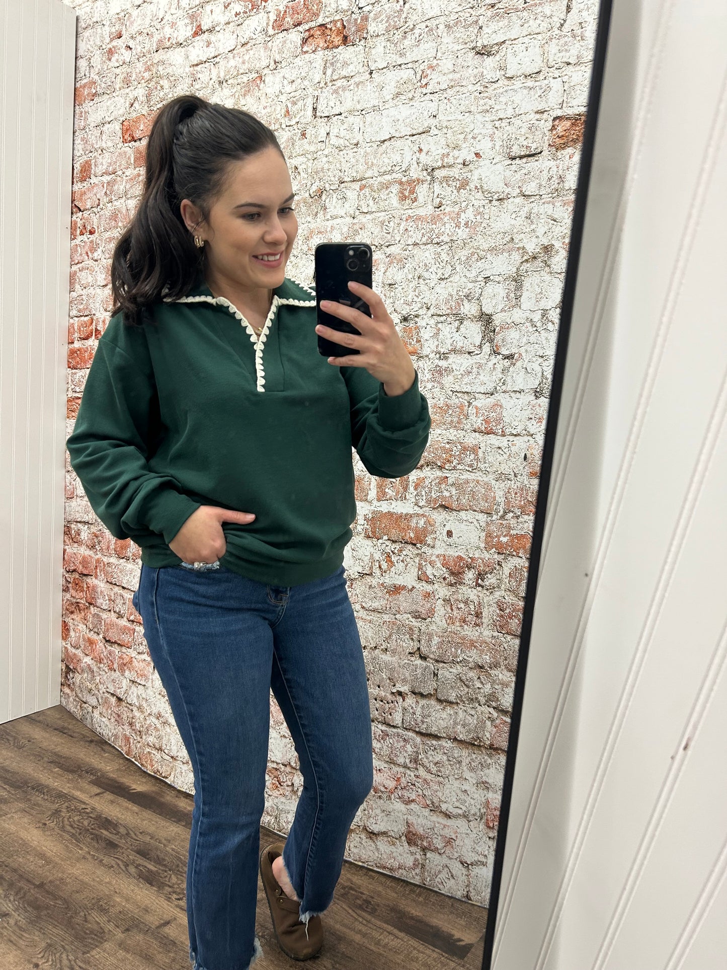 Blanket Stitch Polo Collar Top - Hunter Green