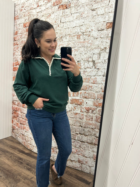 Blanket Stitch Polo Collar Top - Hunter Green