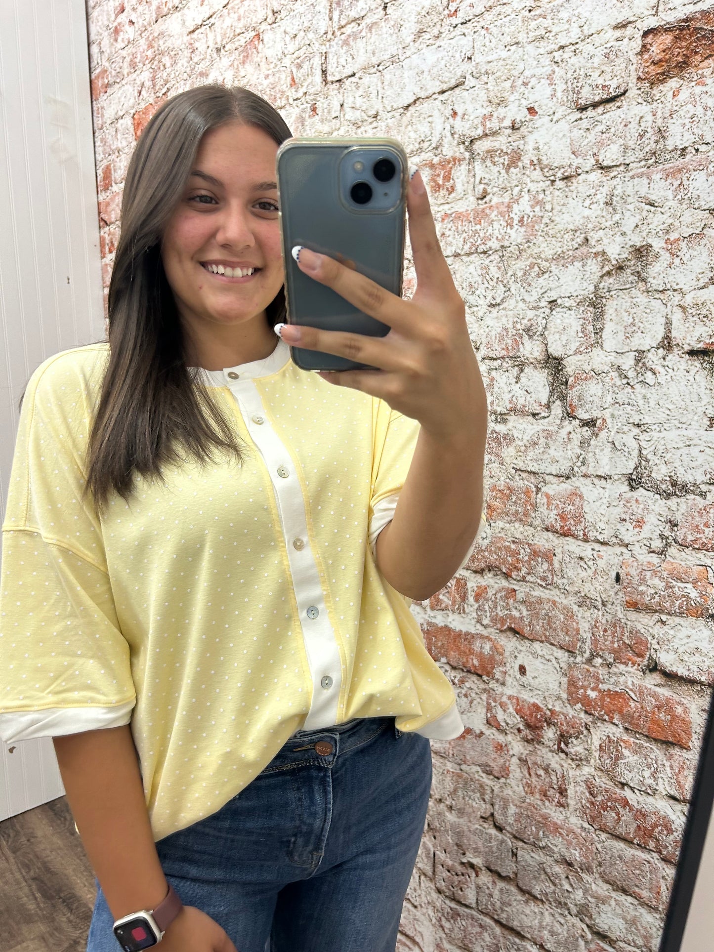 Relaxed Fit Polka Dot Button Front Top - Light Yellow