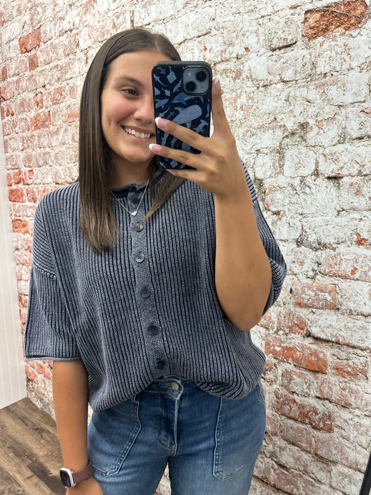 Washed Ribbed Short Sleeve Cardigan