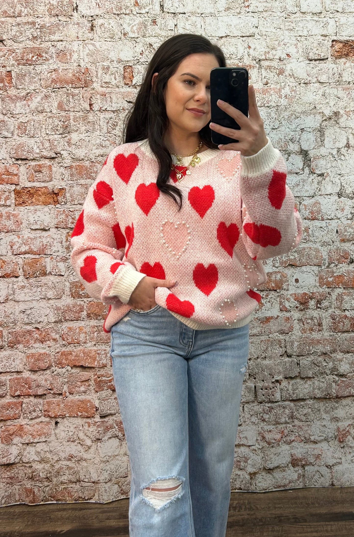 Pearl Trimmed Heart Patterned Sweater