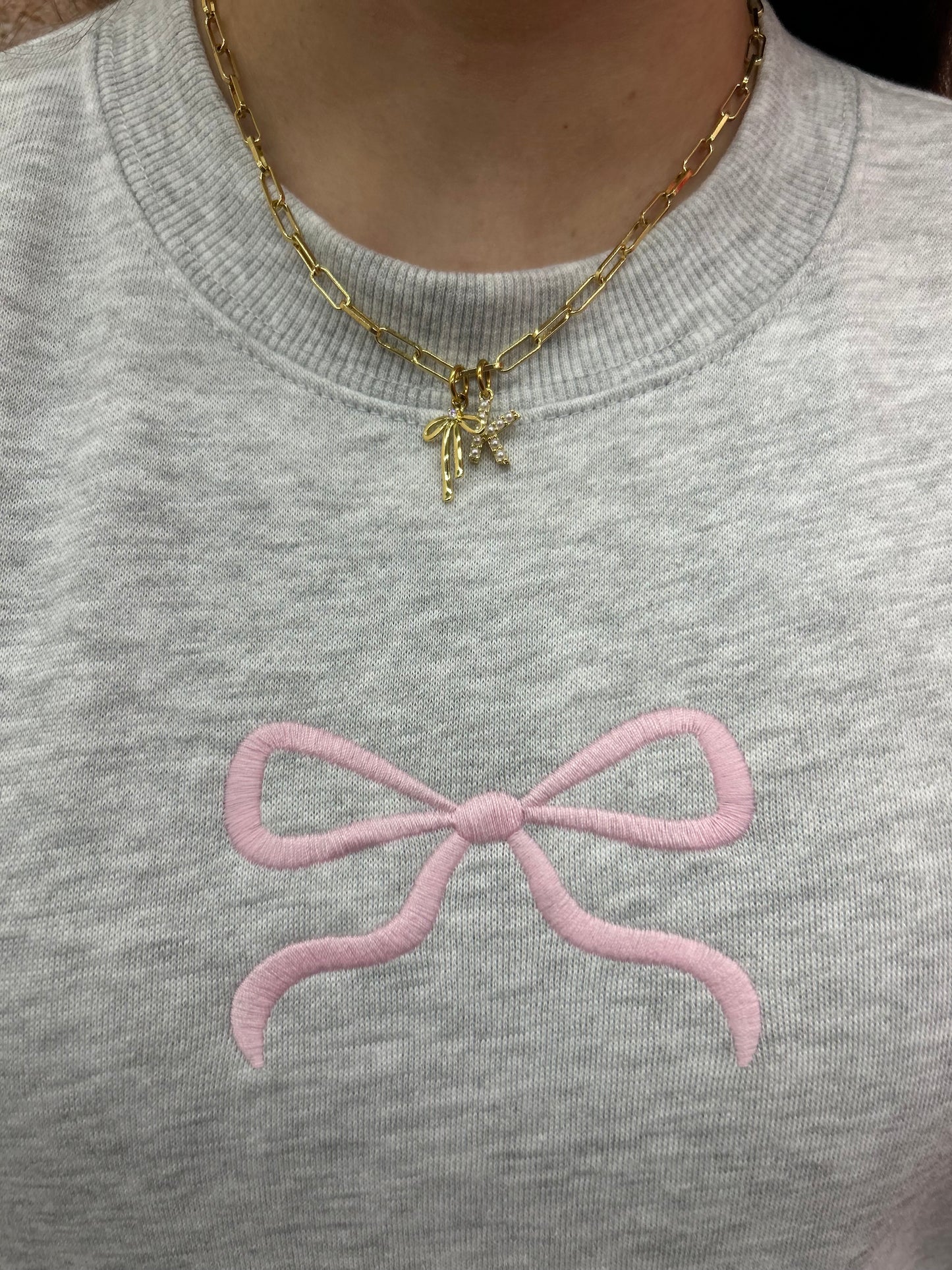Fleece Crewneck Sweatshirt with Bow Embroidery