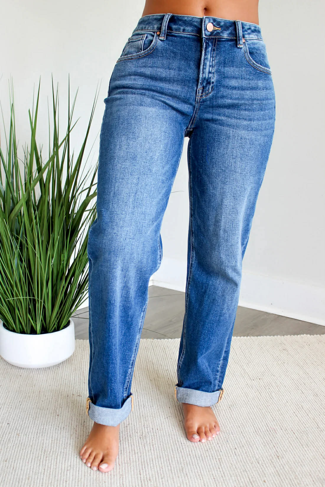 Risen - High Rise Relaxed Fit Ankle Straight Cuffed Jeans