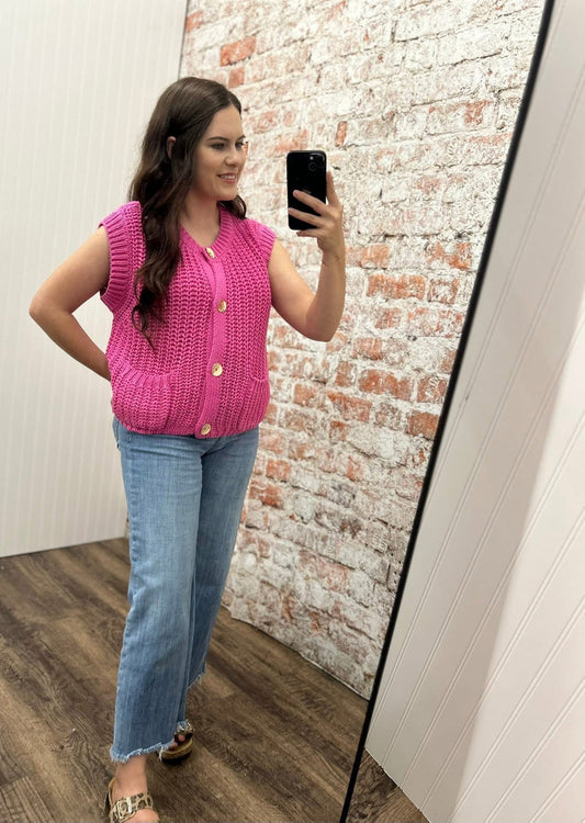 Gold Button Detail Sweater Vest/Hot Pink