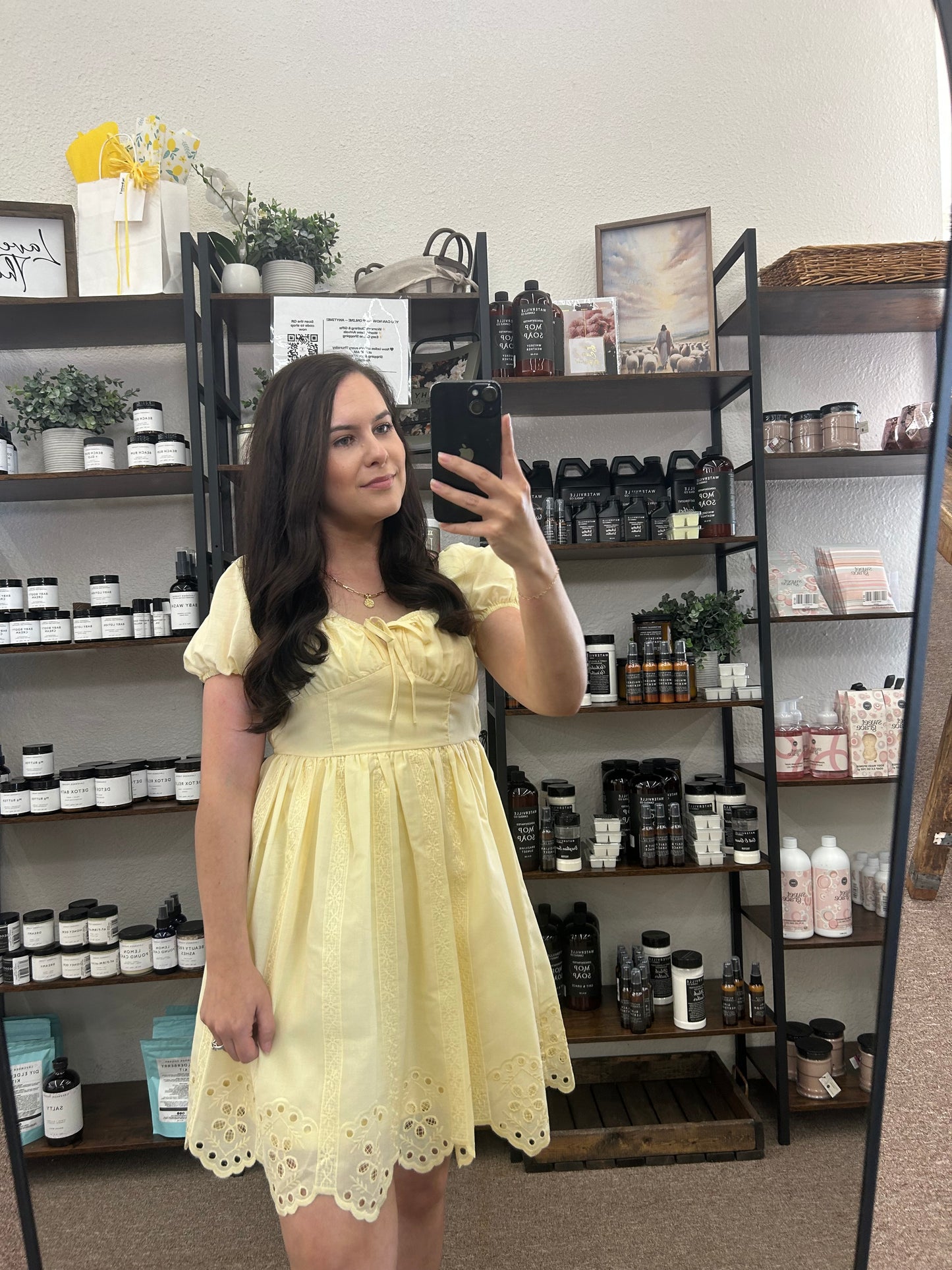 Embroidered Puff Sleeve Scallop Hem Mini Dress