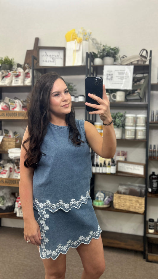 Embroidered Denim Top (Skort Sold Separately)