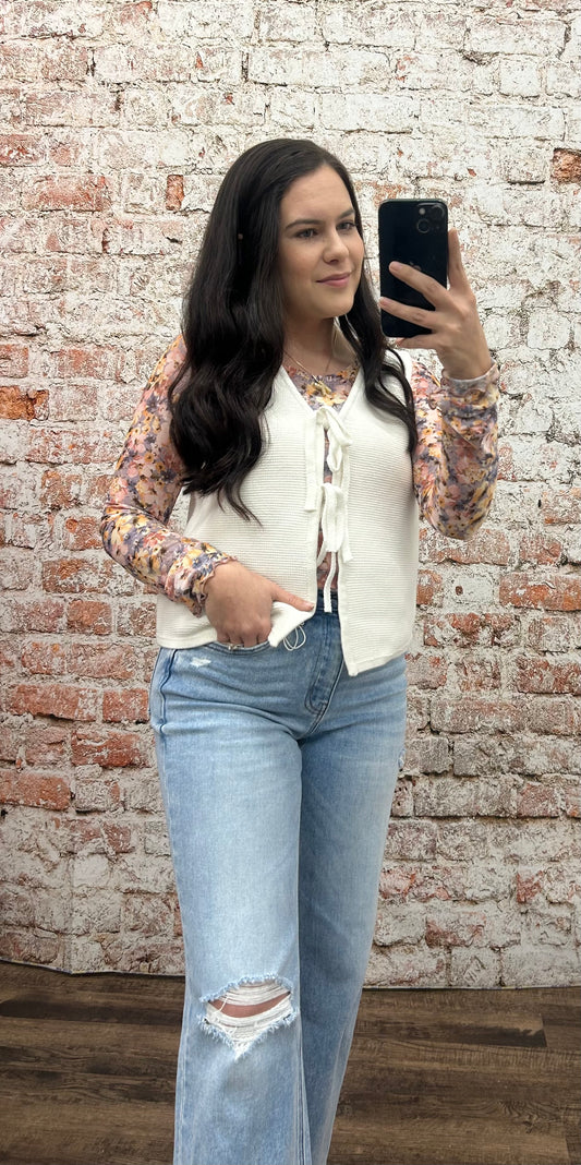 Floral Printed Mesh Long Sleeve Top