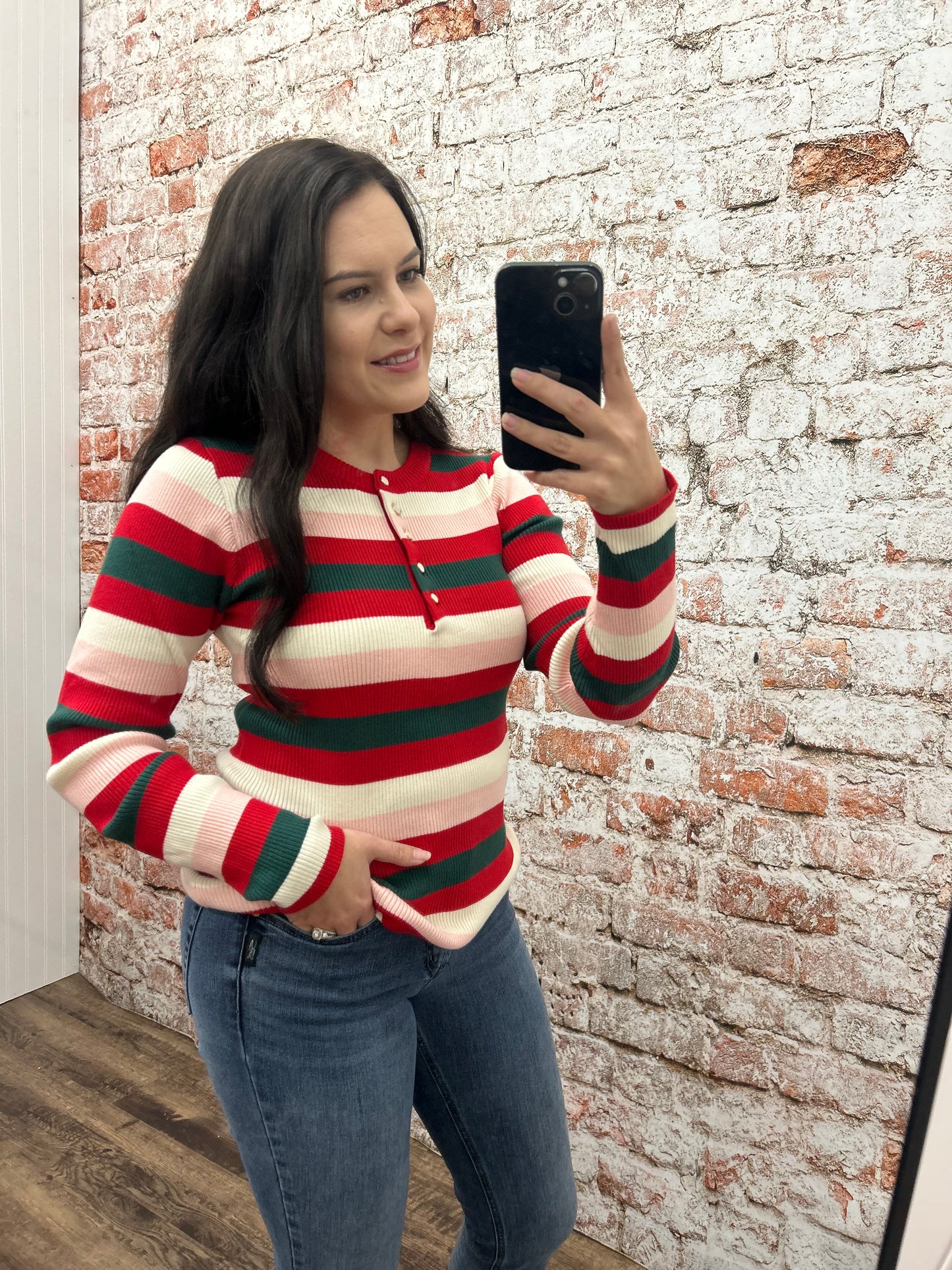 Multi Color Striped Henley Neck Rib Sweater Top