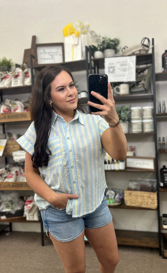 Breezy Striped Cap Sleeve Button Down Blouse