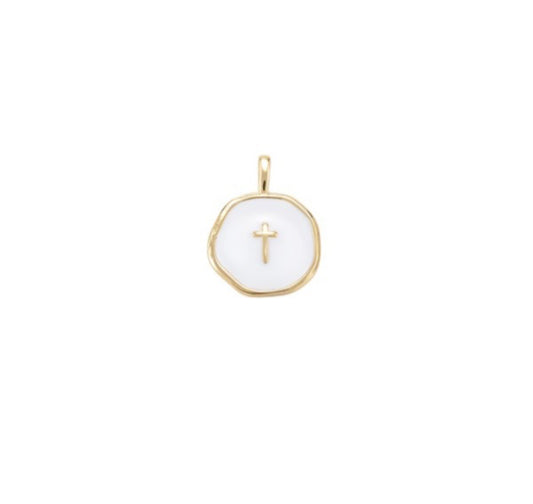 Gold White Round Disc With Gold Cross Charm