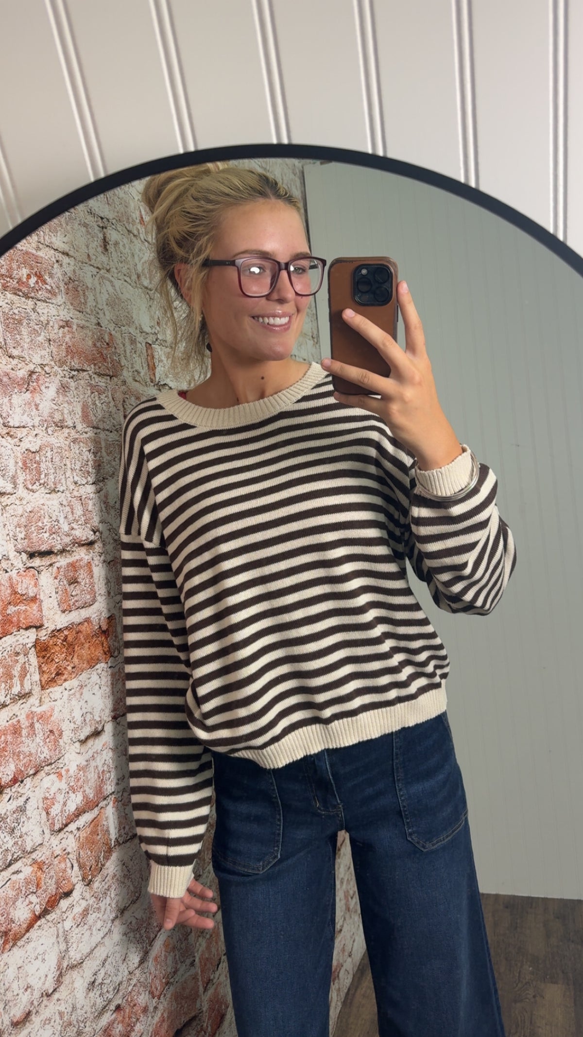 Stripe Relaxed Back Button Detail Knit Sweater