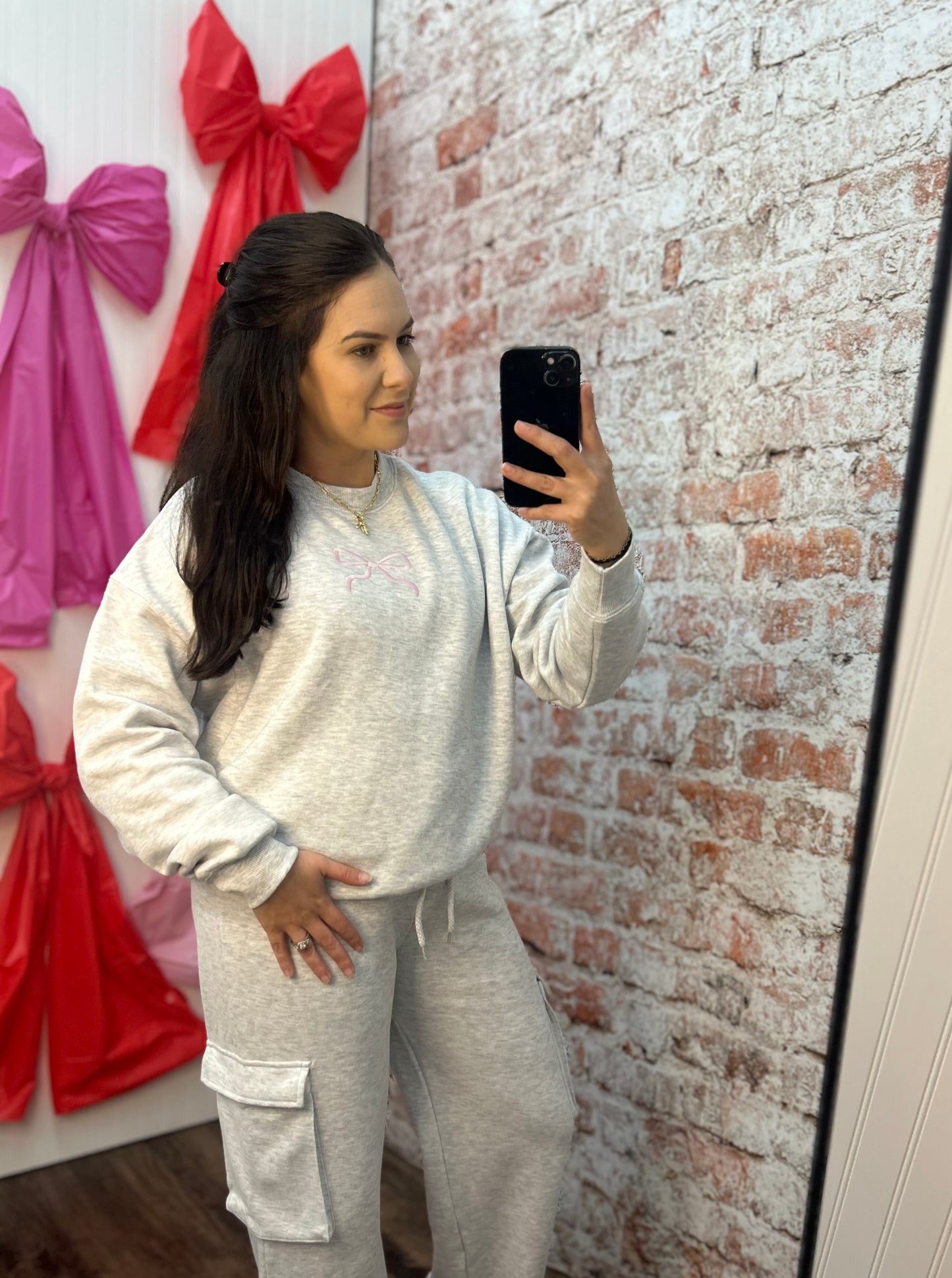 Fleece Crewneck Sweatshirt with Bow Embroidery