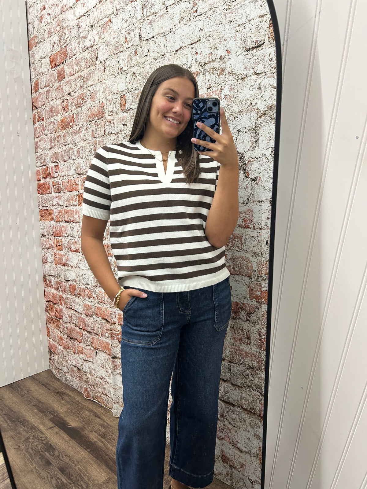 Split Neck Stripe Short Sleeve Sweater