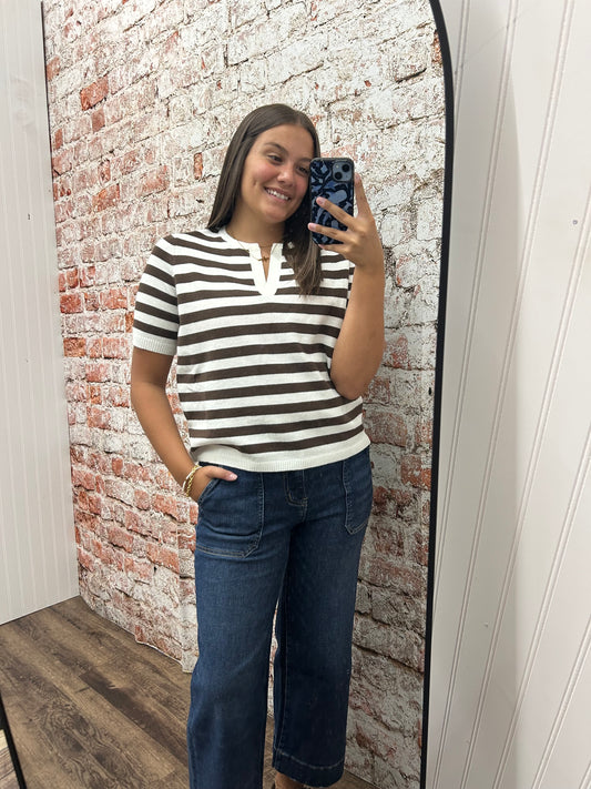 Split Neck Stripe Short Sleeve Sweater