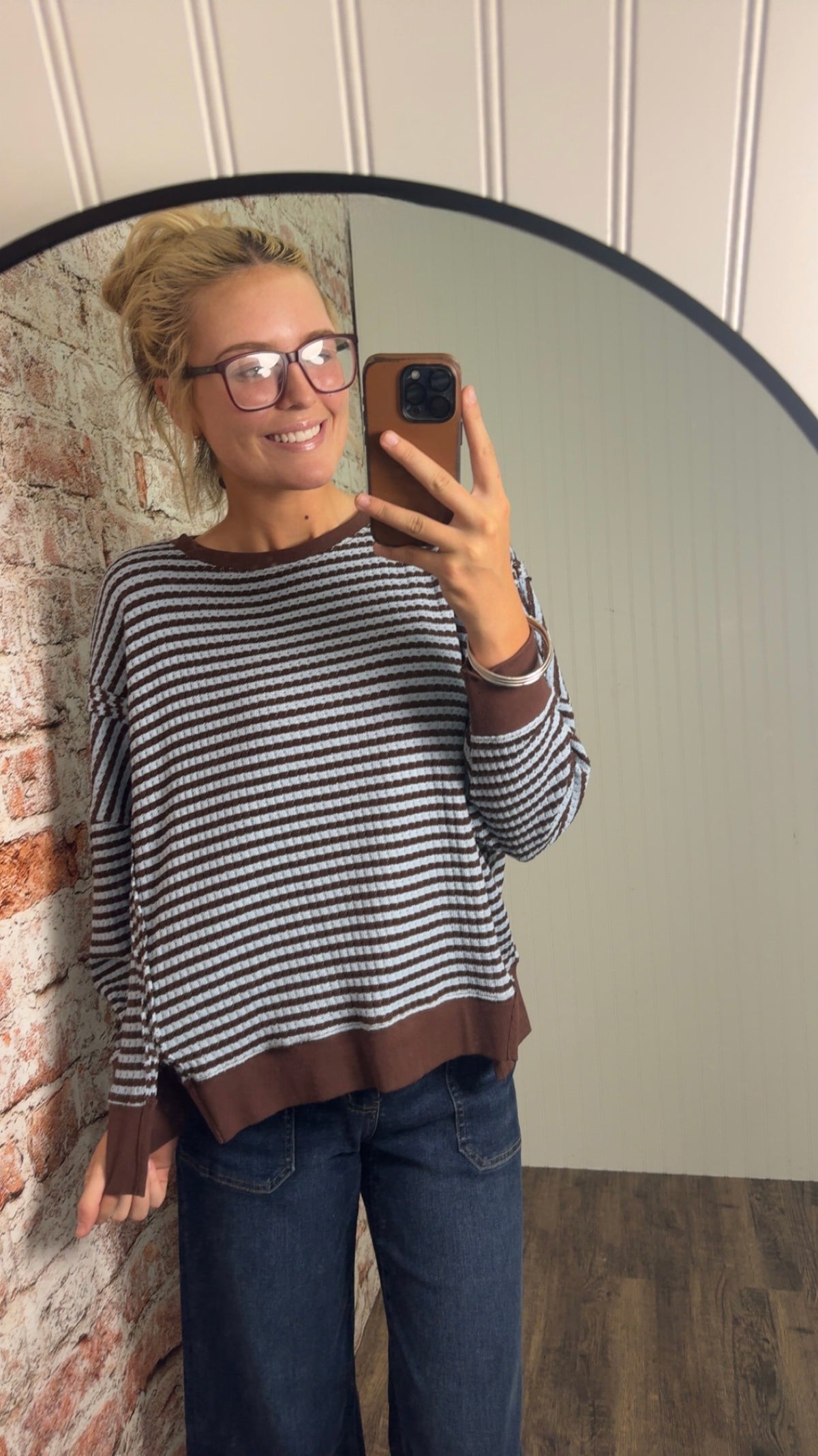 Striped Exposed Seam Split Hem Knit Top