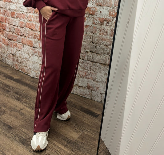 Piping Detail Wide Leg Pants - Burgundy
