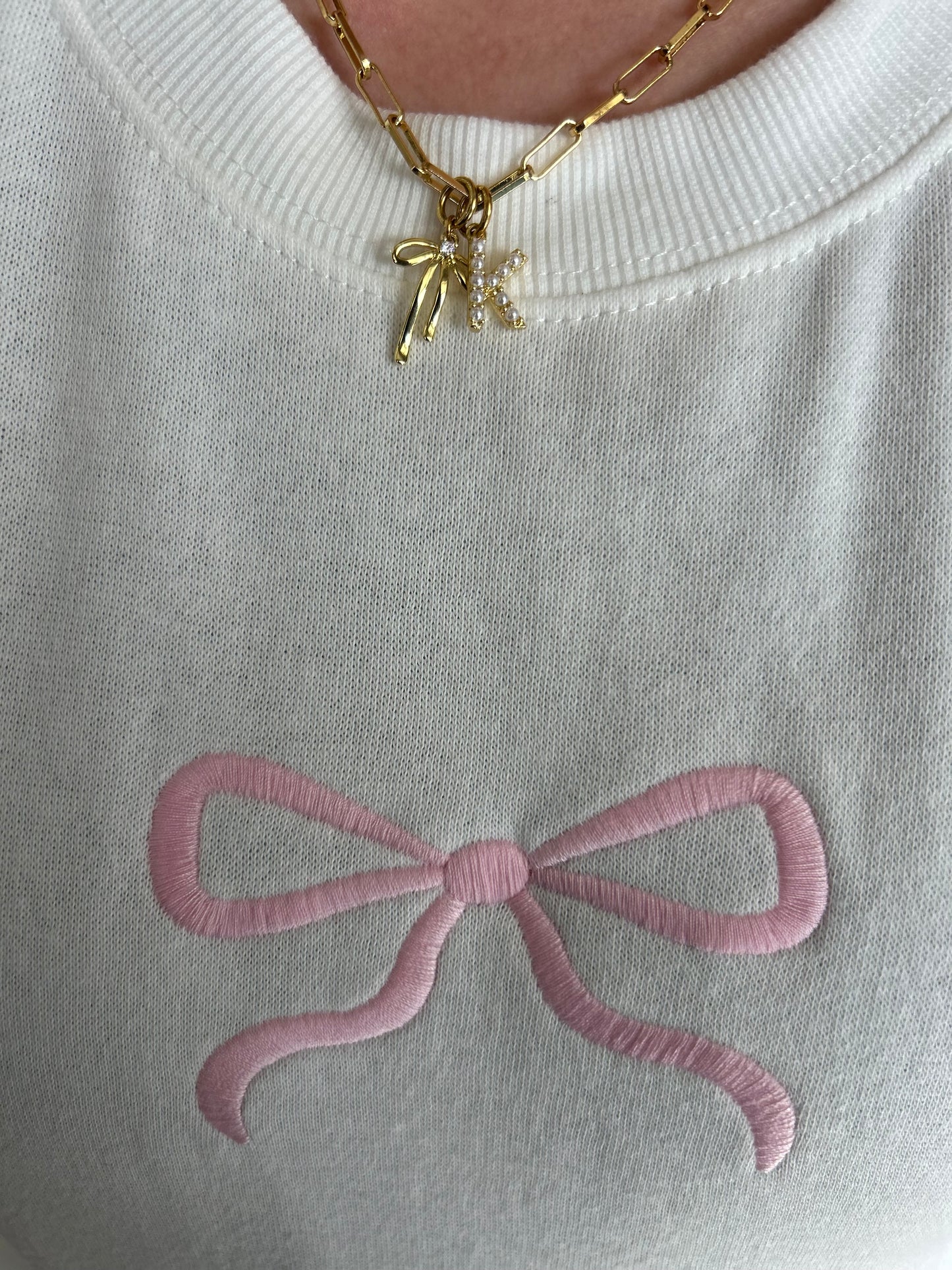 Fleece Crewneck Sweatshirt with Bow Embroidery