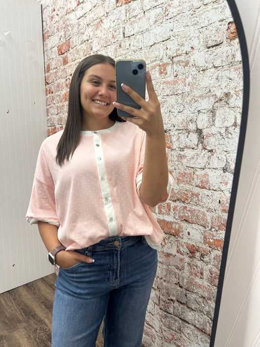 Relaxed Fit Polka Dot Button Front Top - Light Pink
