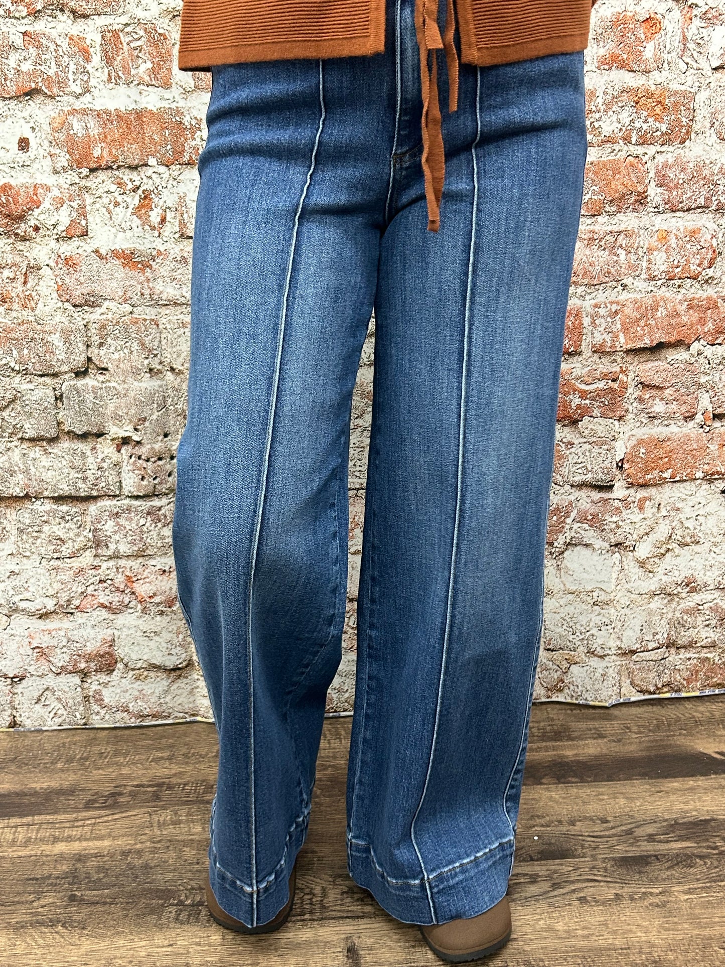 Stretch High Rise Pin Tuck Detail Wide Leg Jean- Dark Denim