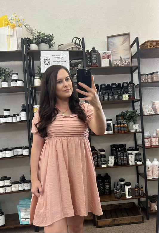 Pleated Bodice Short Puff Sleeve Mini Dress