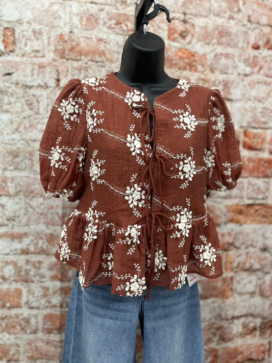 Embroidered Peplum Blouse With Puff Sleeves