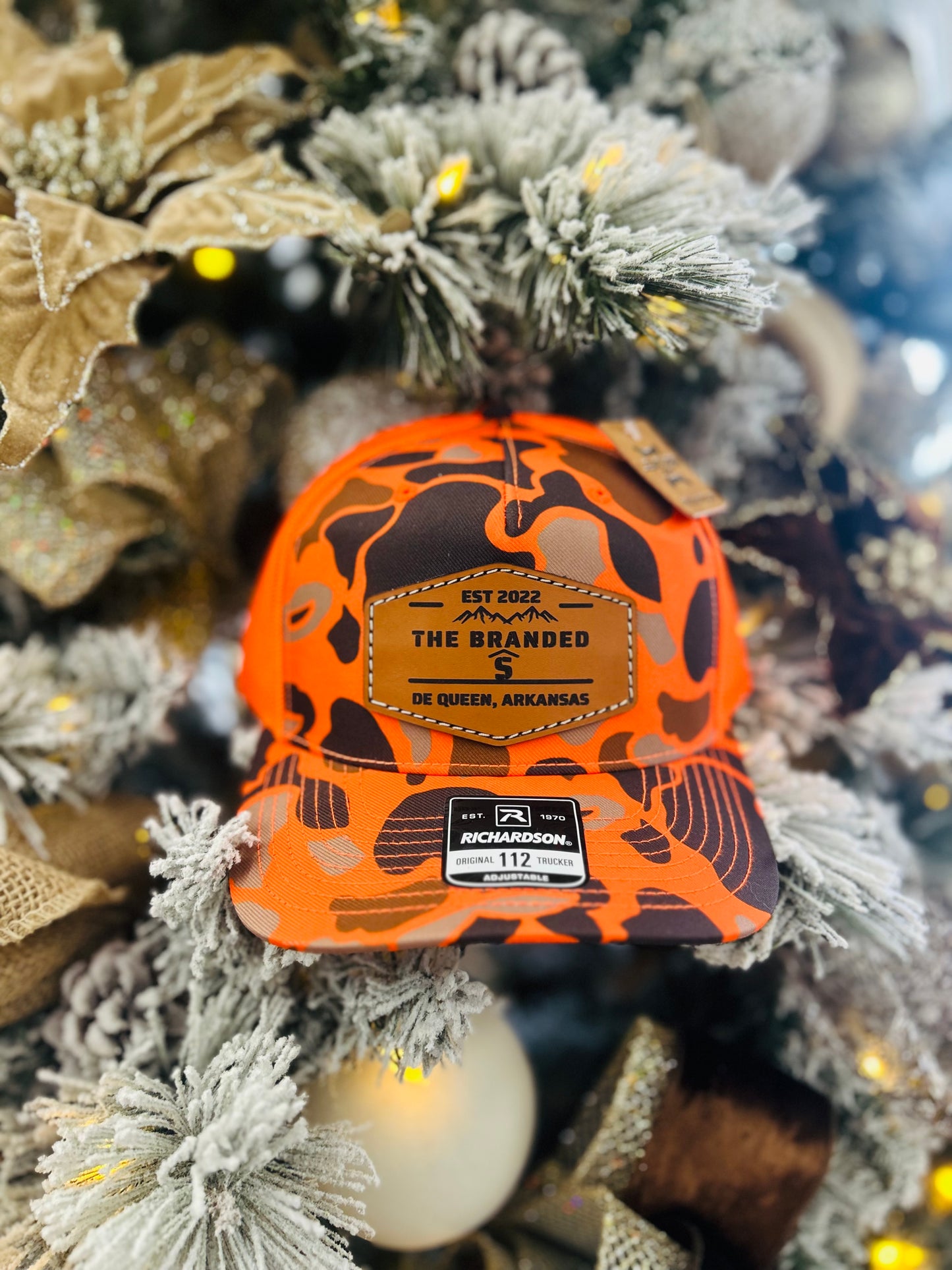 The Branded S Leather Patch Hat- Blaze Orange Duck Camo