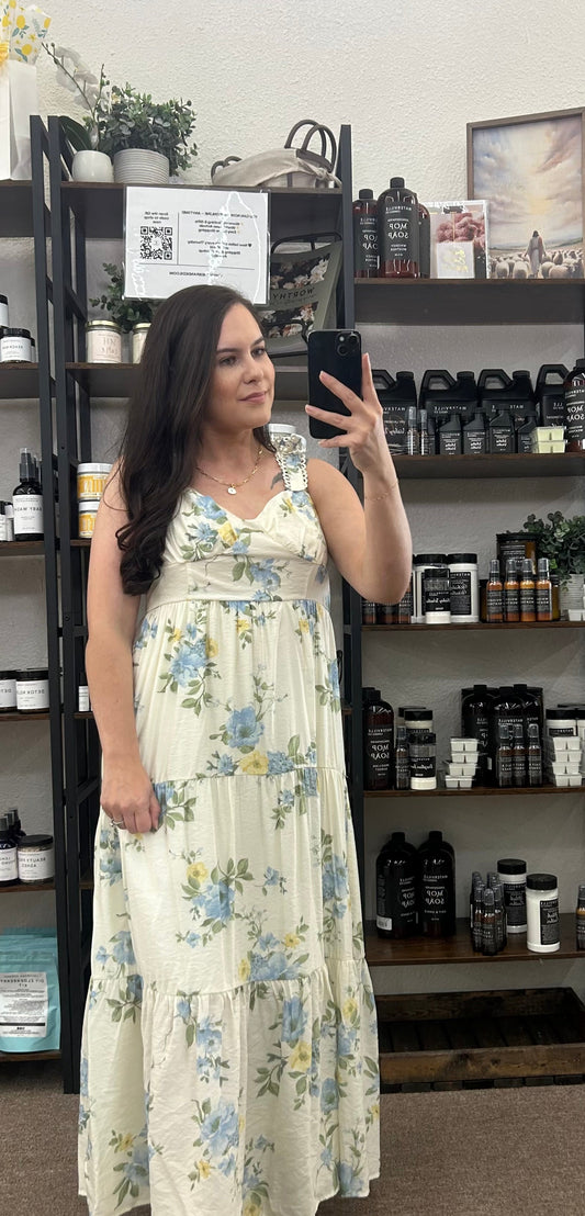 Floral Tie Strap with Scallop Lace Trim Midi Dress