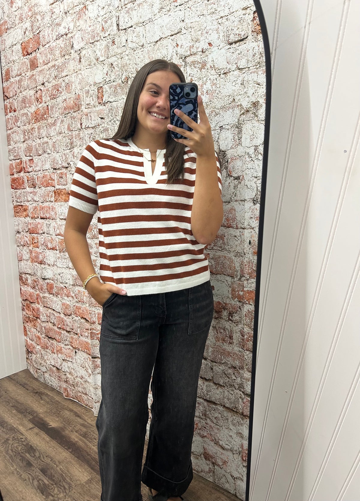 Split Neck Stripe Short Sleeve Sweater