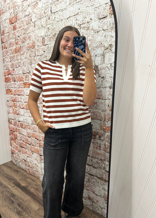 Split Neck Stripe Short Sleeve Sweater