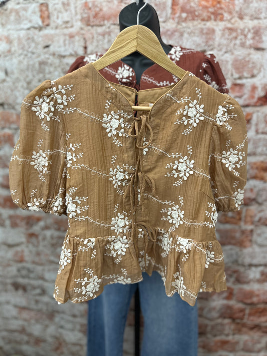 Embroidered Peplum Blouse With Puff Sleeves