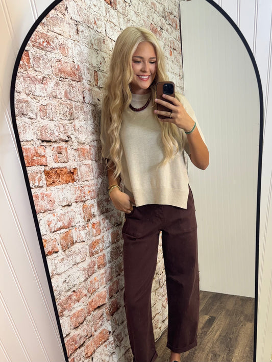 Wool Blended Boxy Fit Short Sleeve Sweater Top