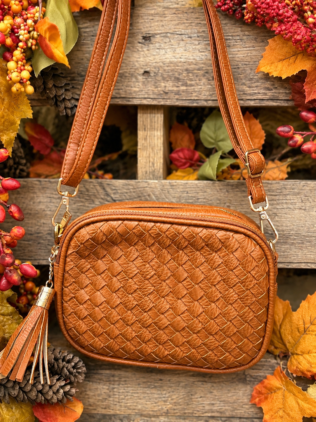 The Aspen Woven Crossbody - Cognac
