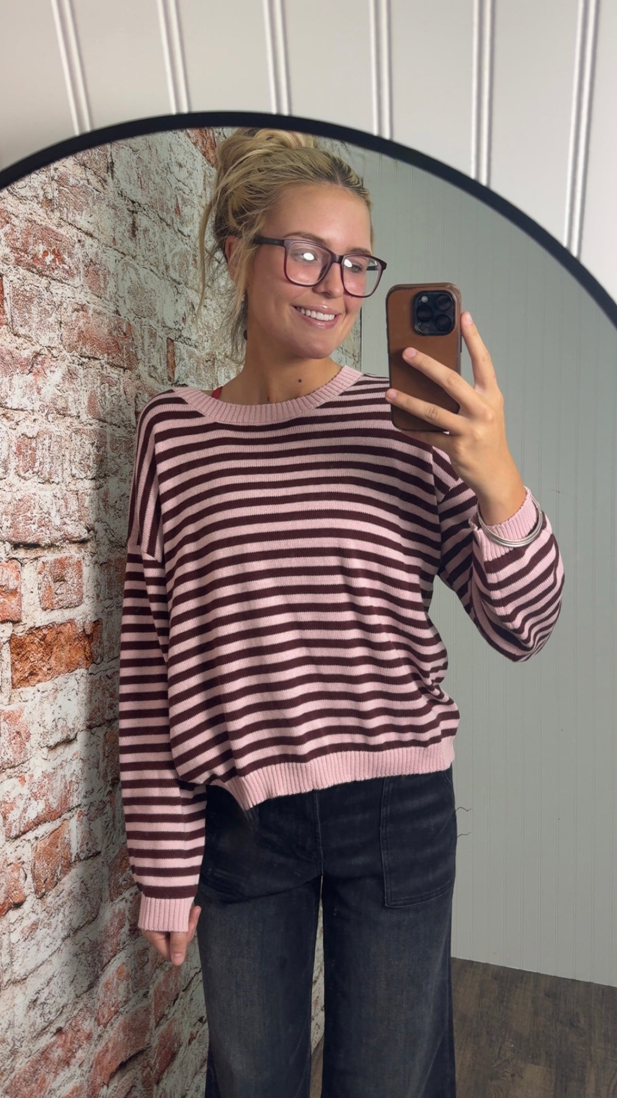 Stripe Relaxed Back Button Detail Knit Sweater