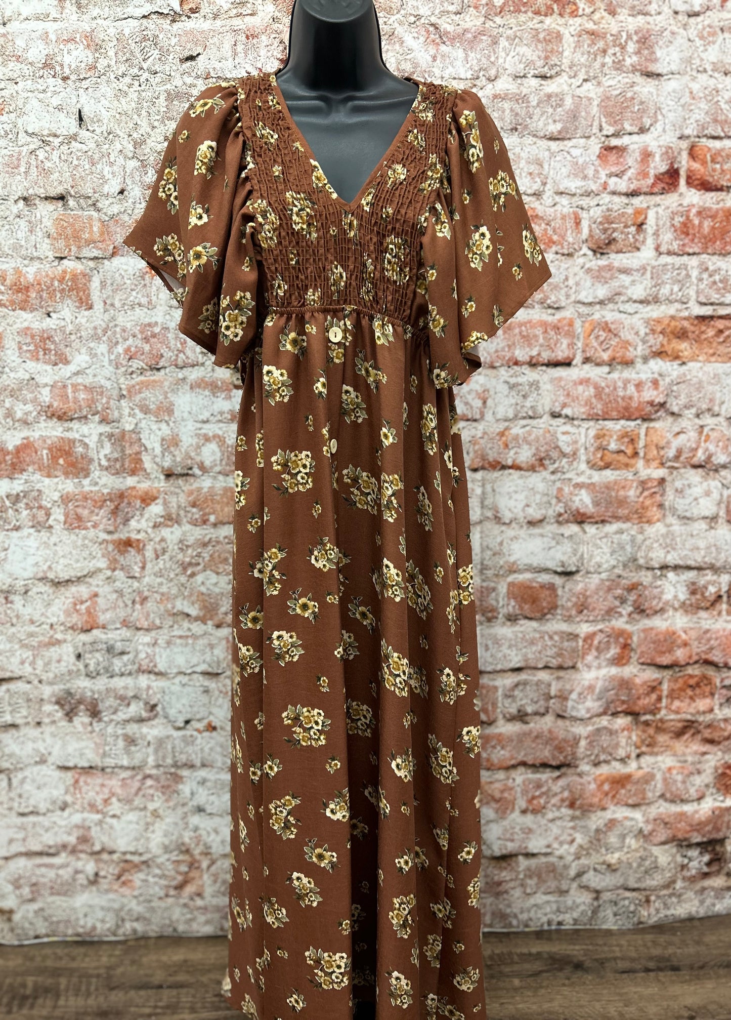 Vintage Floral V Neck Button Down Maxi Dress